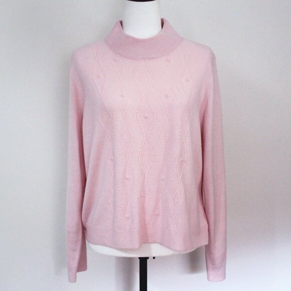 Pale Pink Beaded Sweater, Vintage Mock Turtleneck Long Sleeved Pullover - Picture 9 of 10